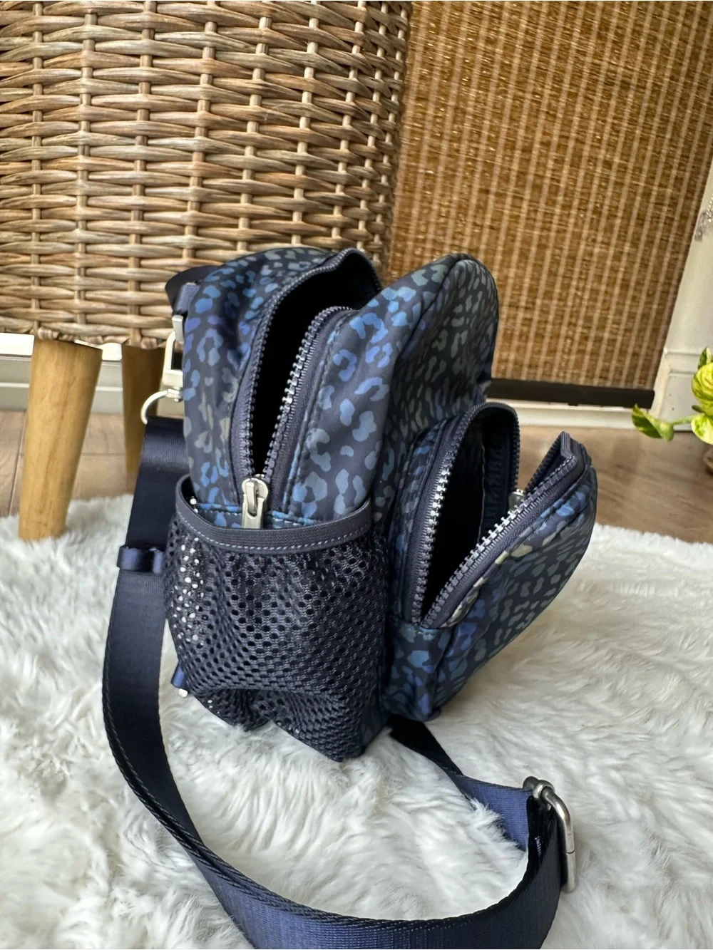 Fabletics Navy Blue Cheetah Print Mini Backpack sling Convertible purse